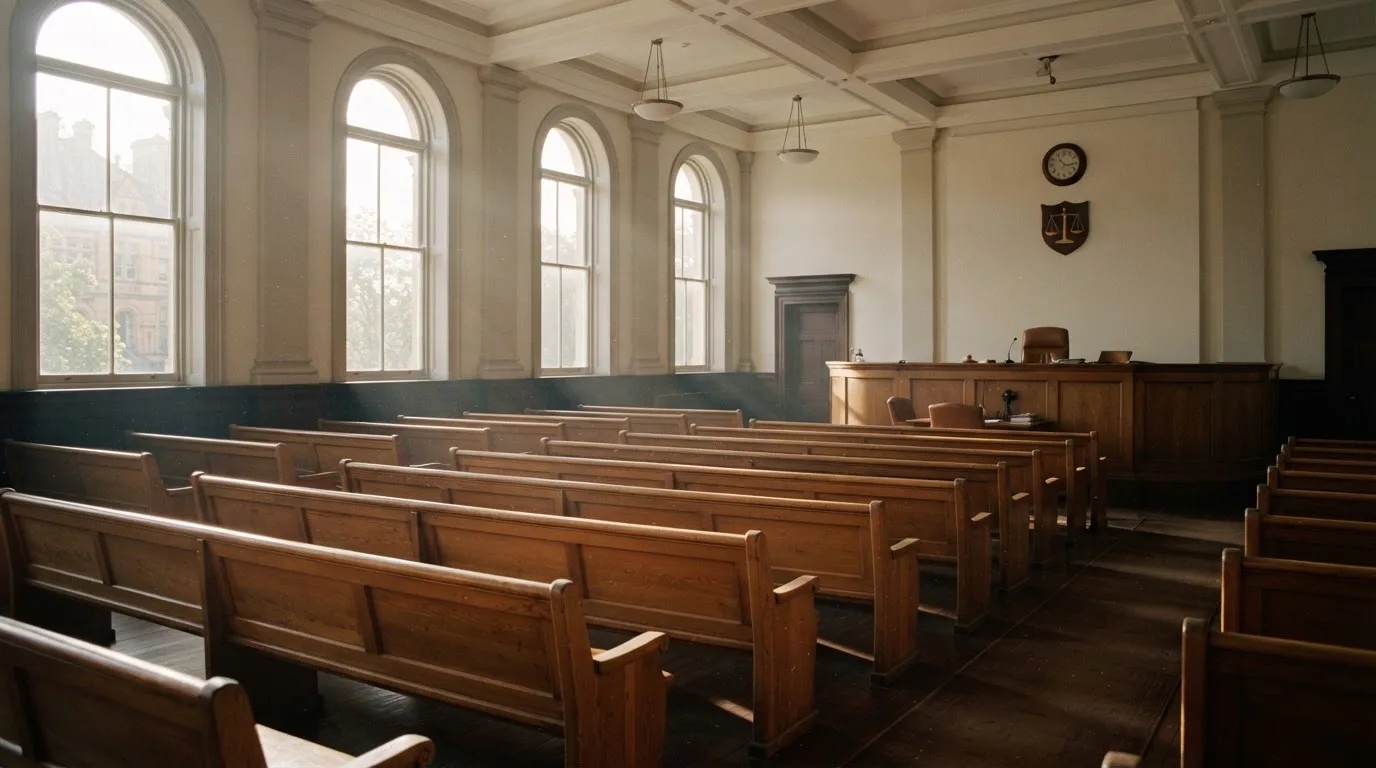 Een lege rechtszaal met houten banken in het ochtendlicht