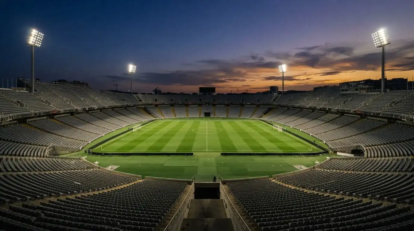 Een leeg voetbalstadion met lichtmasten bij schemering