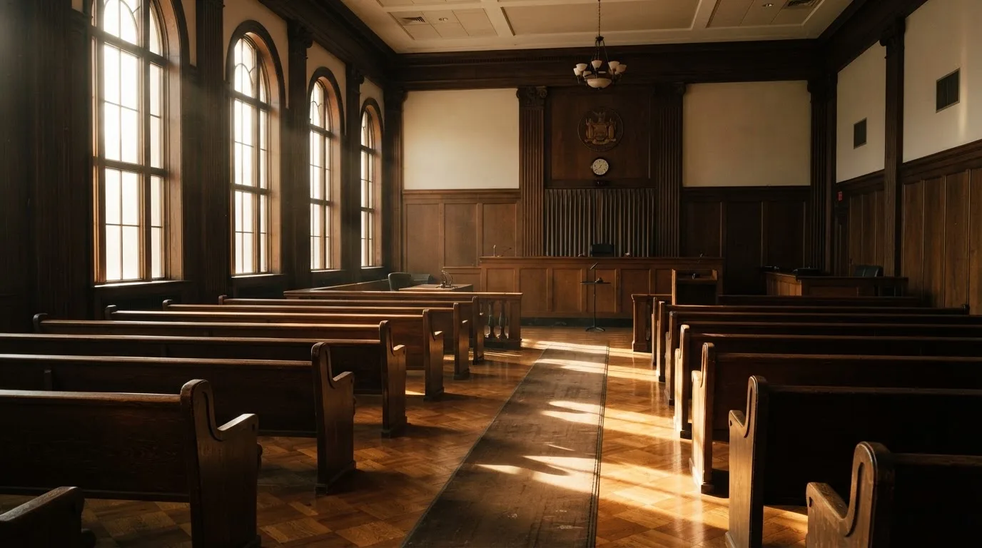 Een lege rechtszaal met houten banken in het ochtendlicht