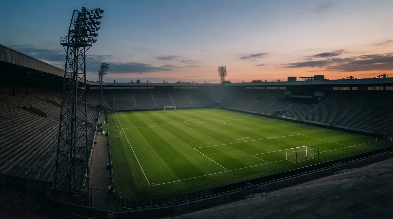 Een leeg voetbalstadion met lichtmasten bij schemering