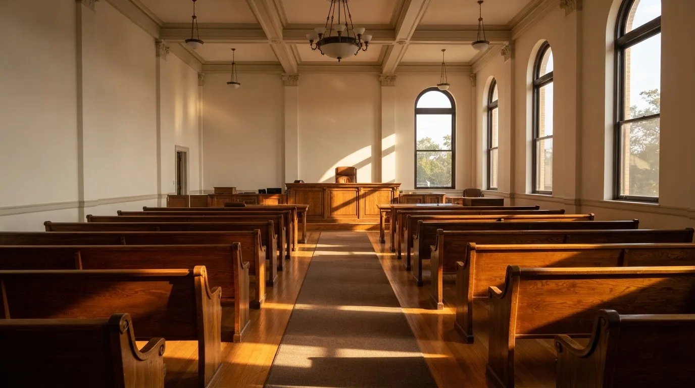 Een lege rechtszaal met houten banken in het ochtendlicht