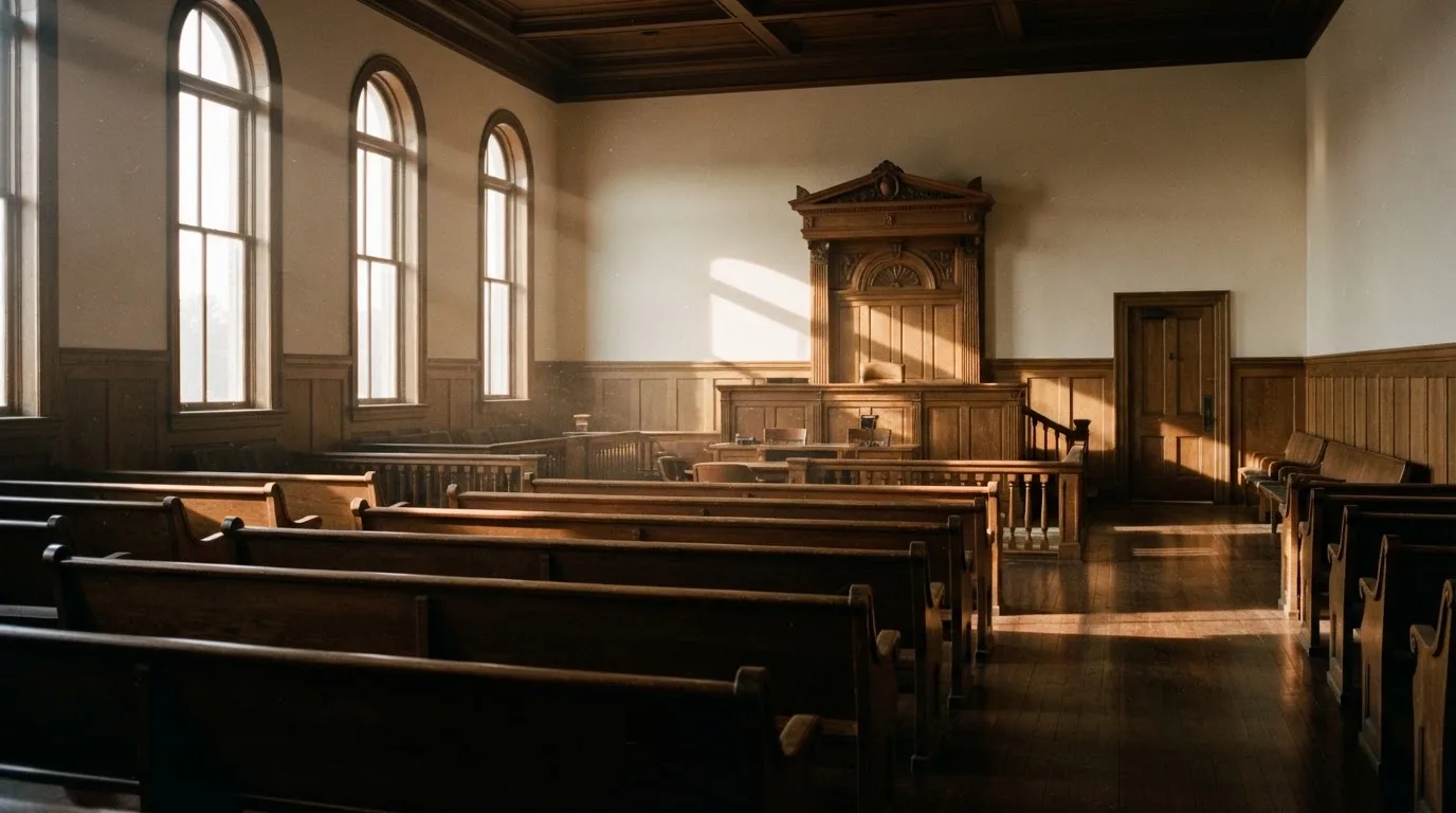 Een lege rechtszaal met houten banken in het ochtendlicht