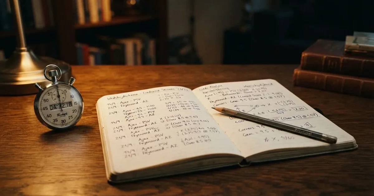 Een opengeslagen notitieboek met een potlood en een stopwatch op een houten tafel