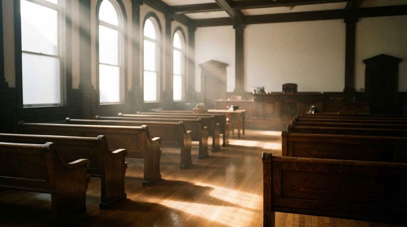 Een lege rechtszaal met houten banken in het ochtendlicht