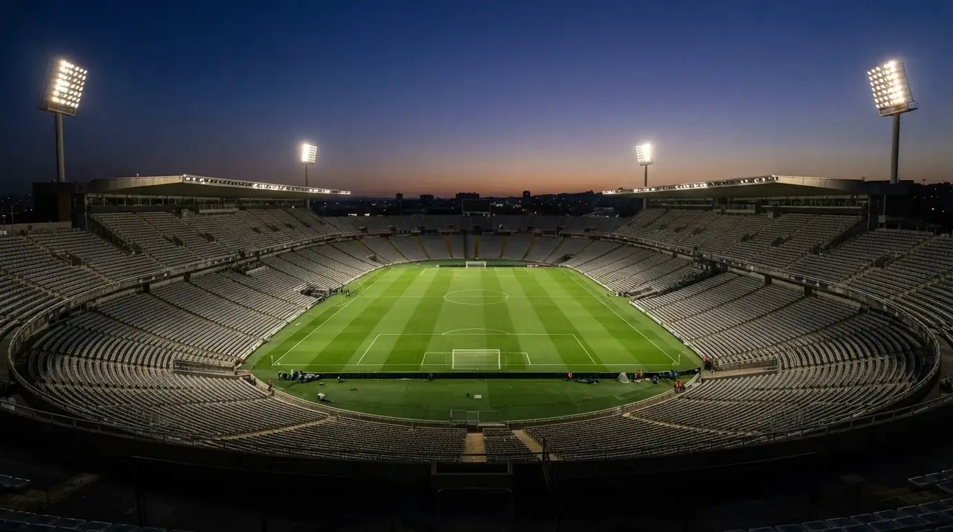 Een leeg voetbalstadion met lichtmasten bij schemering
