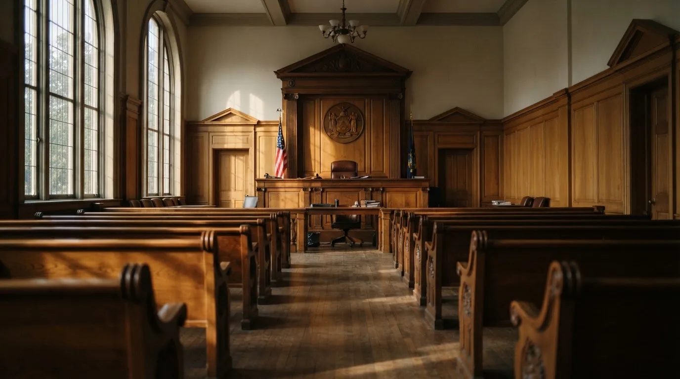 Een lege rechtszaal met houten banken in het ochtendlicht