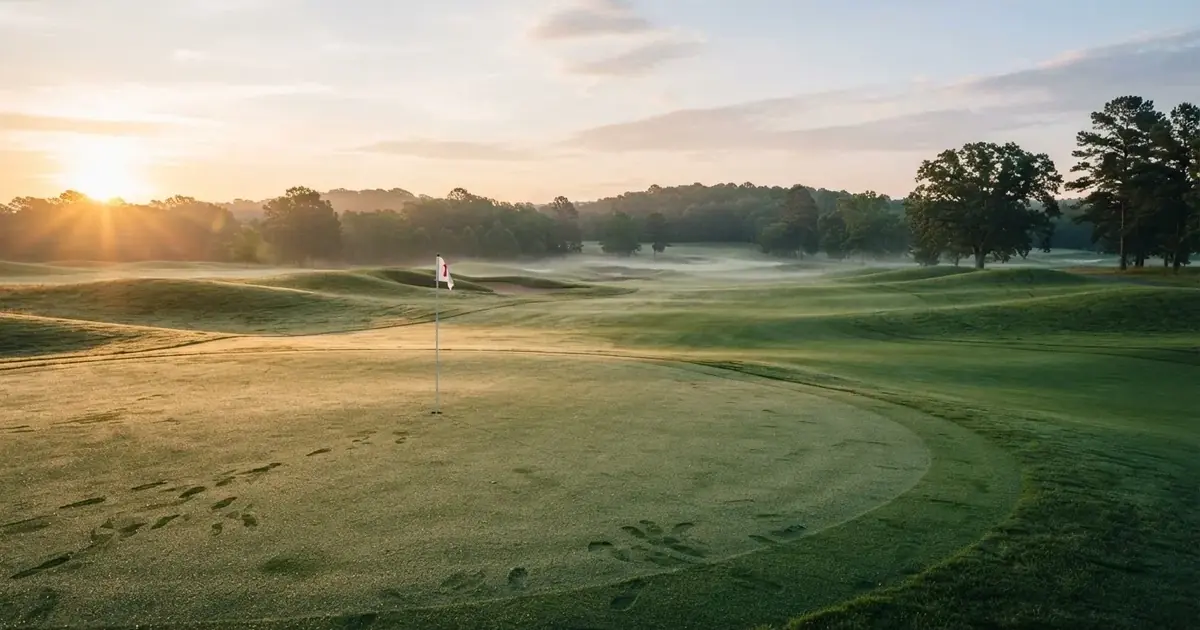 Een voetbal op de middenstip van een grasveld in het ochtendlicht
