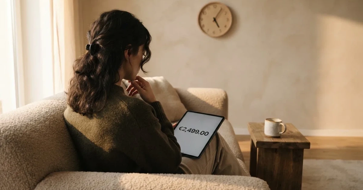 Een persoon op de bank kijkt peinzend naar een tablet, op de achtergrond een klok aan de muur