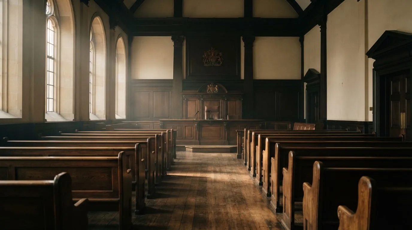 Een lege rechtszaal met houten banken in het ochtendlicht