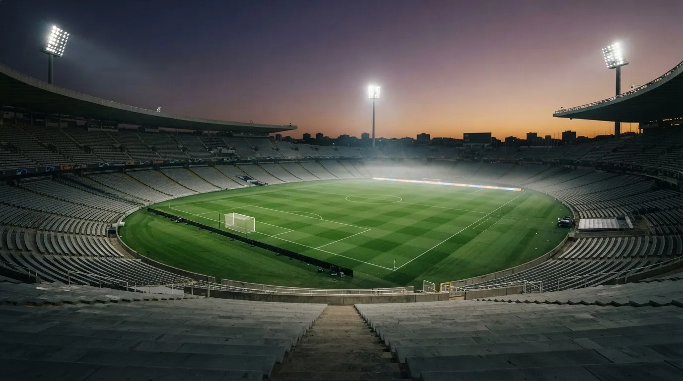 Een leeg voetbalstadion met lichtmasten bij schemering
