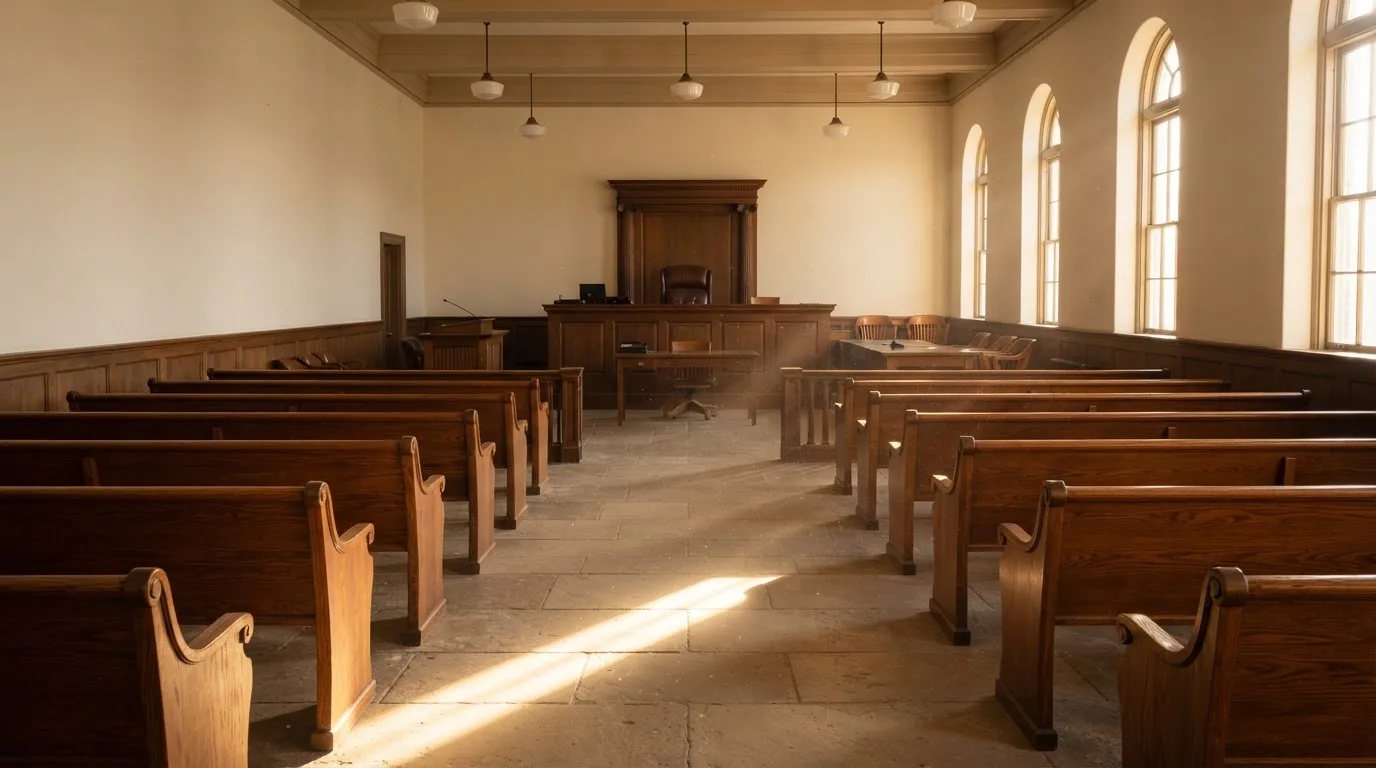 Een lege rechtszaal met houten banken in het ochtendlicht