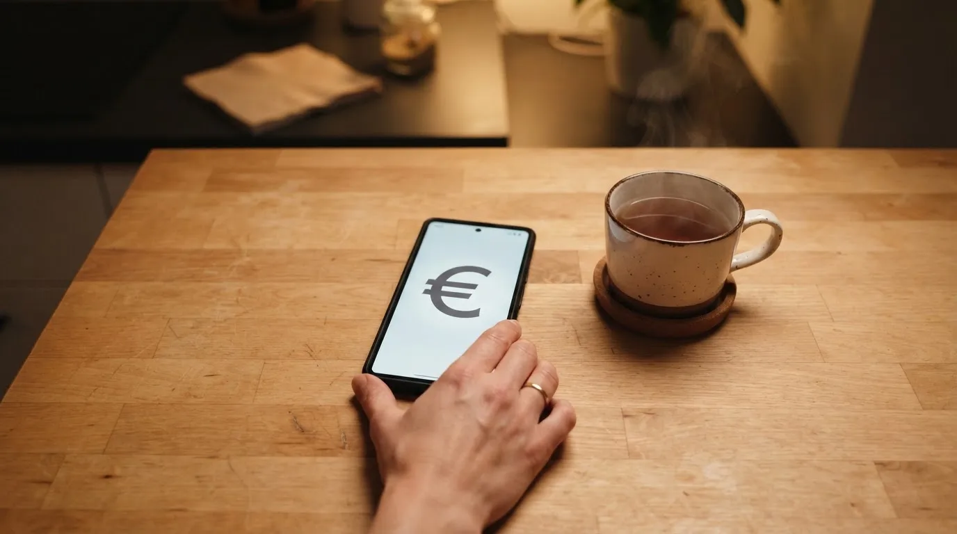 Een hand legt een smartphone naast een kopje thee op een keukentafel, een rustige avond