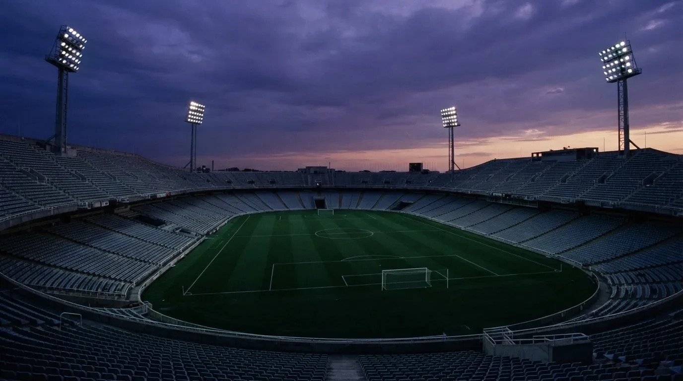 Een leeg voetbalstadion met lichtmasten bij schemering