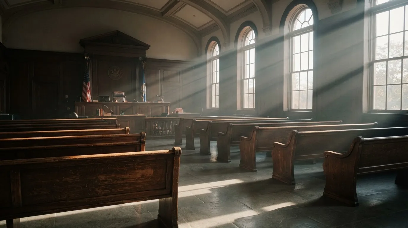 Een lege rechtszaal met houten banken in het ochtendlicht