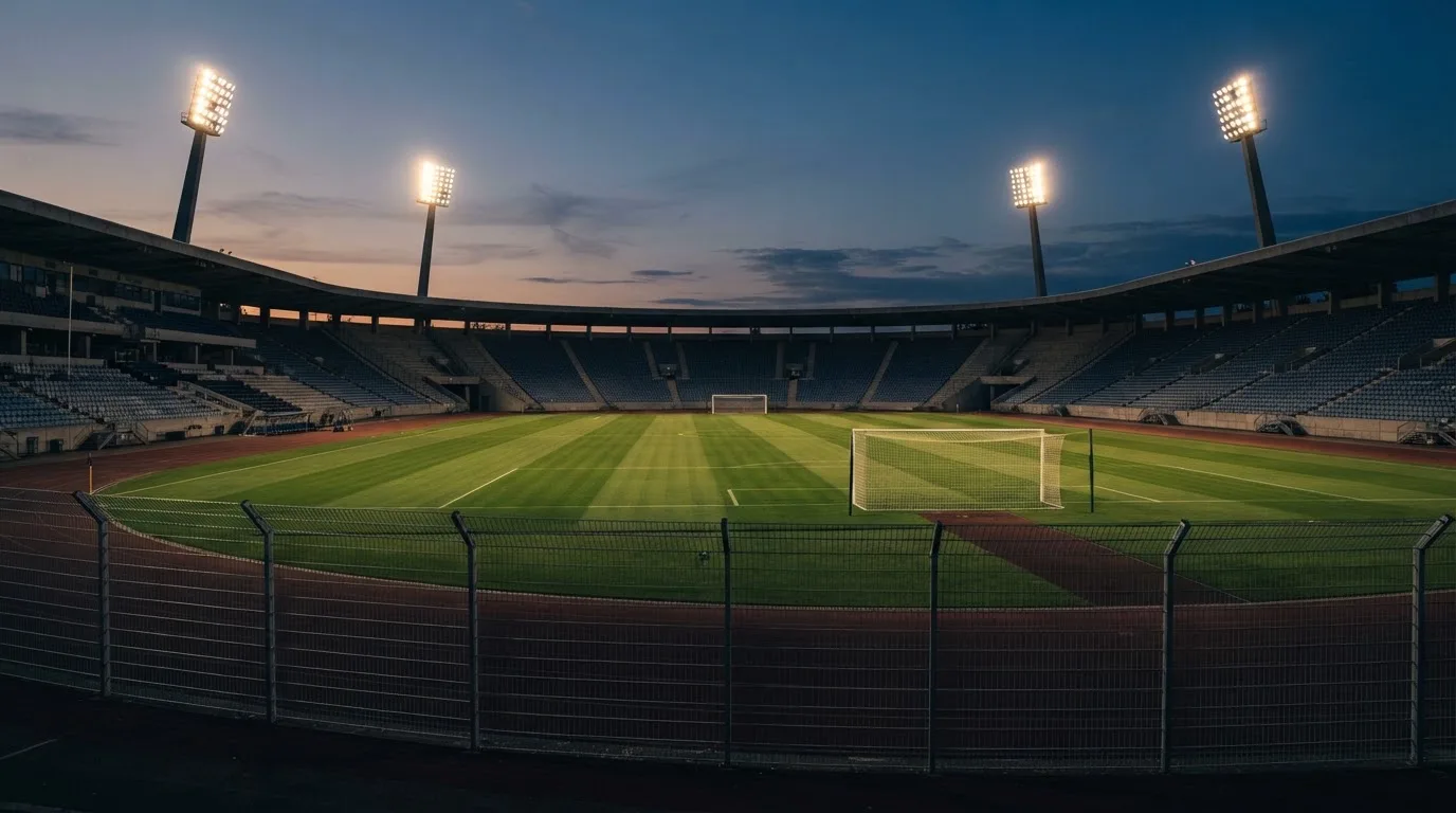 Een leeg voetbalstadion met lichtmasten bij schemering