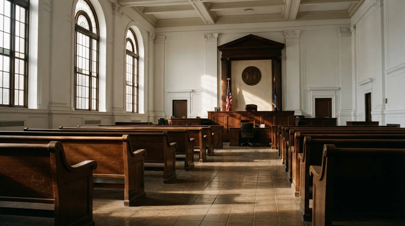 Een lege rechtszaal met houten banken in het ochtendlicht