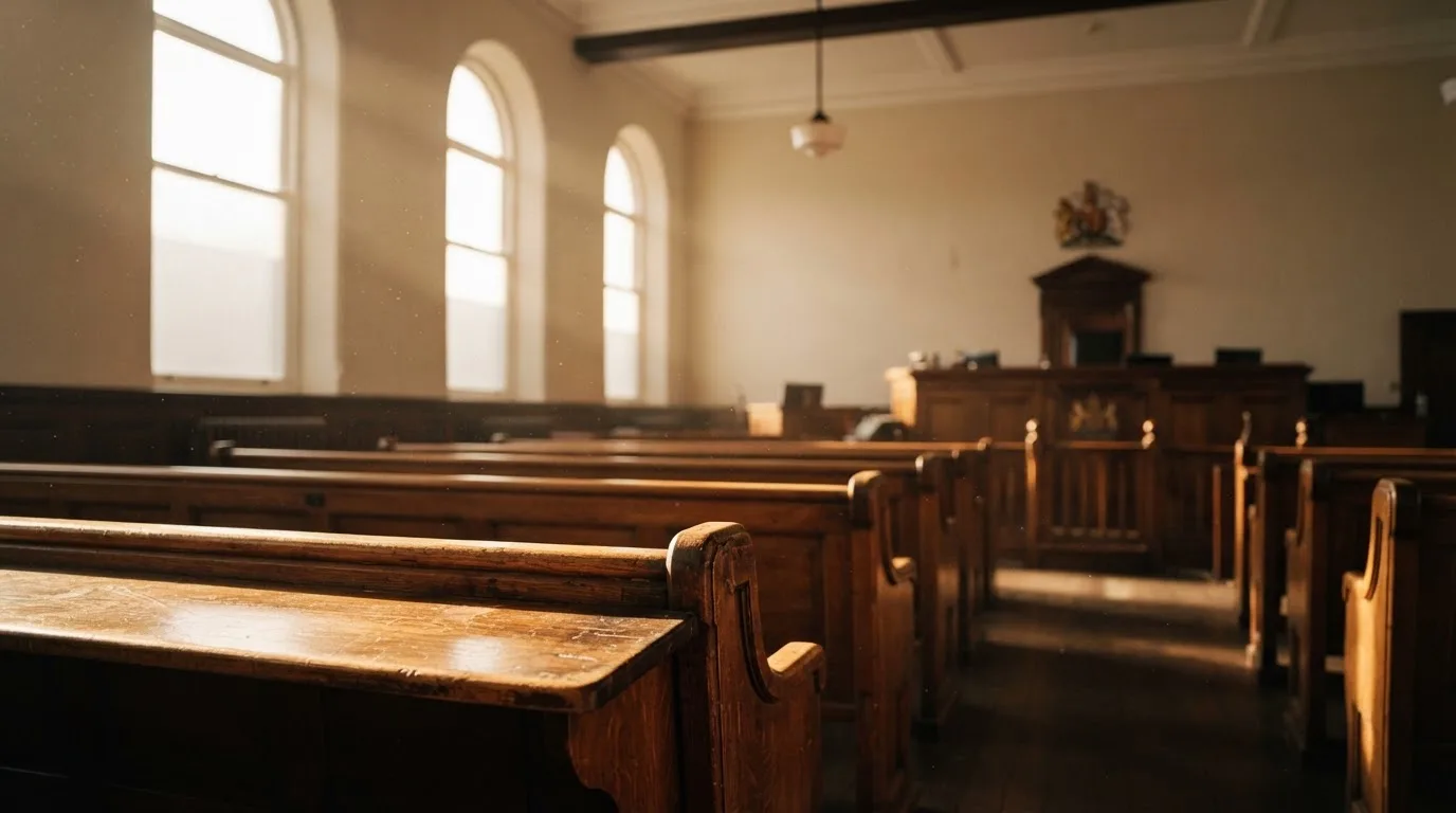Een lege rechtszaal met houten banken in het ochtendlicht