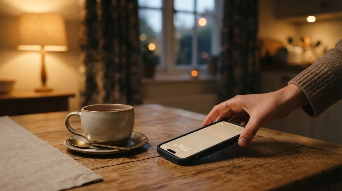 Een hand legt een smartphone naast een kopje thee op een keukentafel, een rustige avond