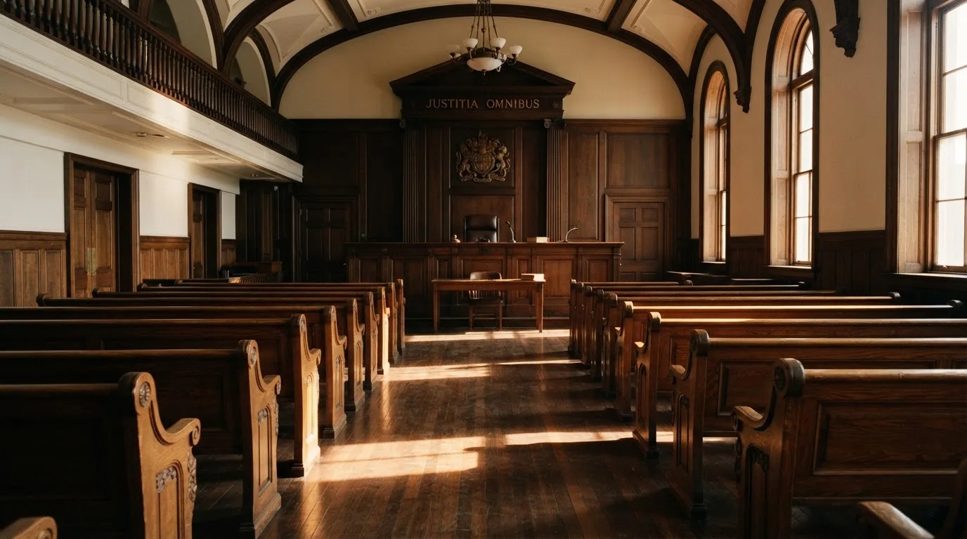 Een lege rechtszaal met houten banken in het ochtendlicht