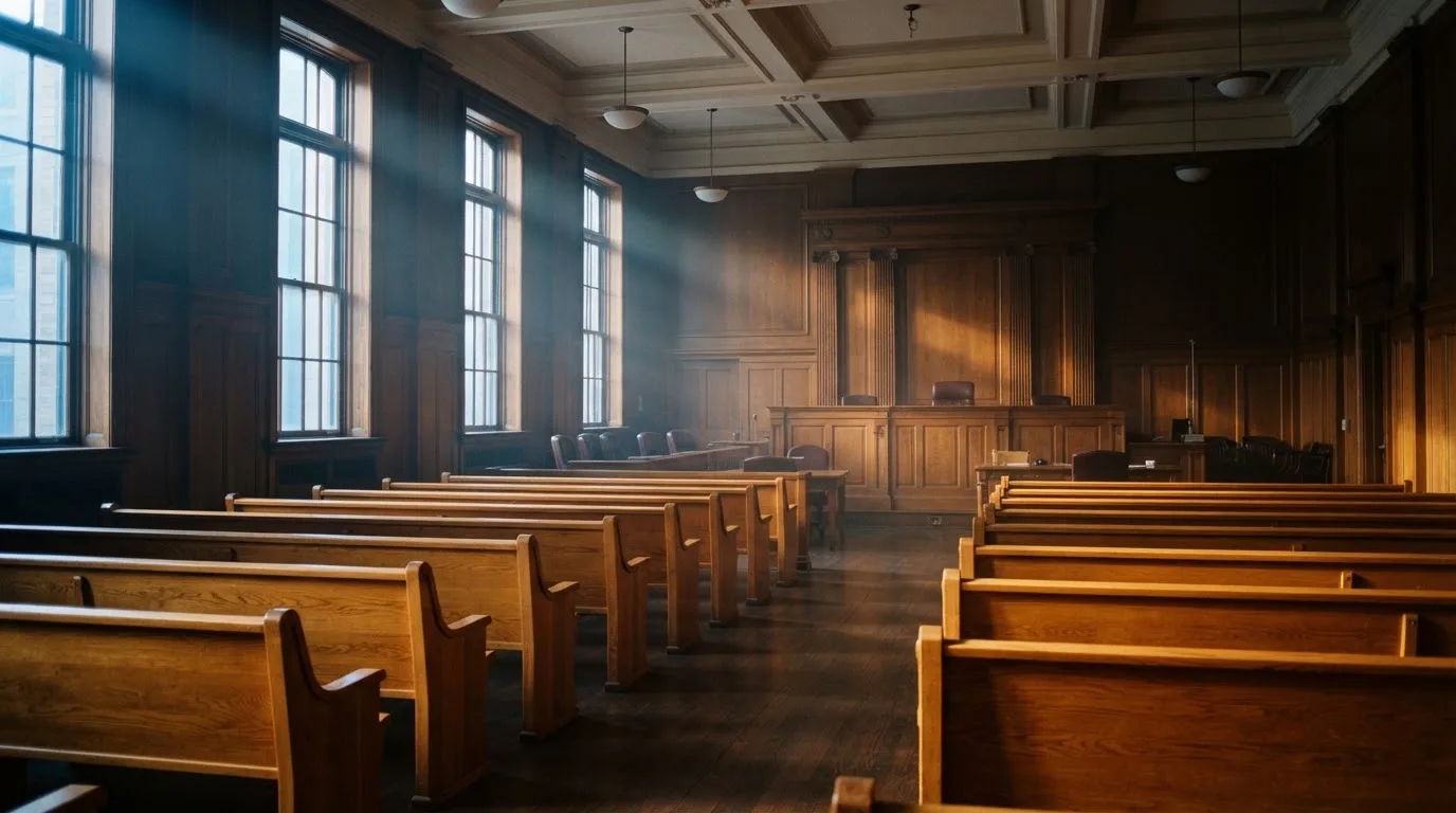 Een lege rechtszaal met houten banken in het ochtendlicht