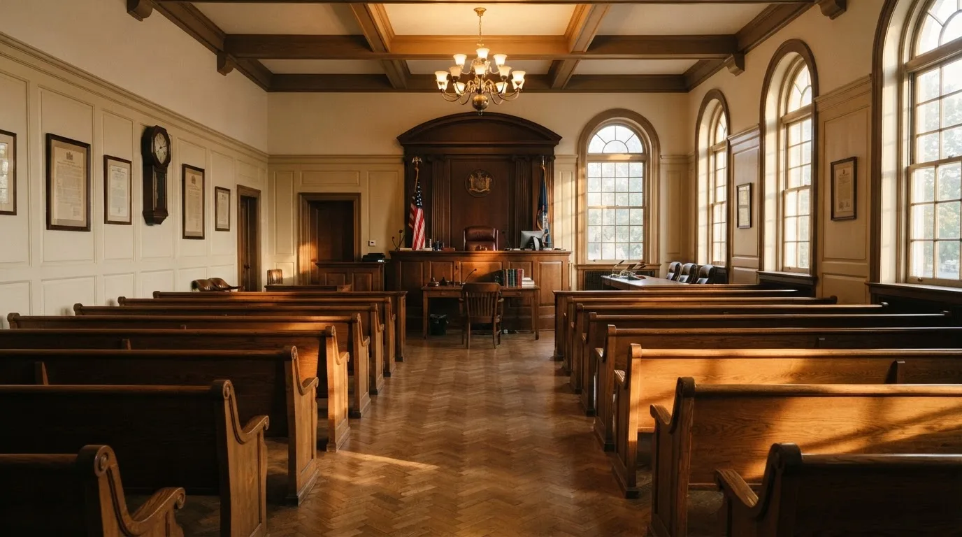 Een lege rechtszaal met houten banken in het ochtendlicht