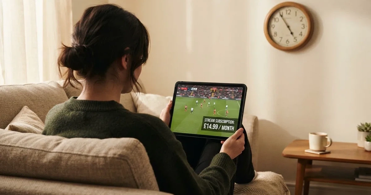 Een persoon op de bank kijkt peinzend naar een tablet, op de achtergrond een klok aan de muur