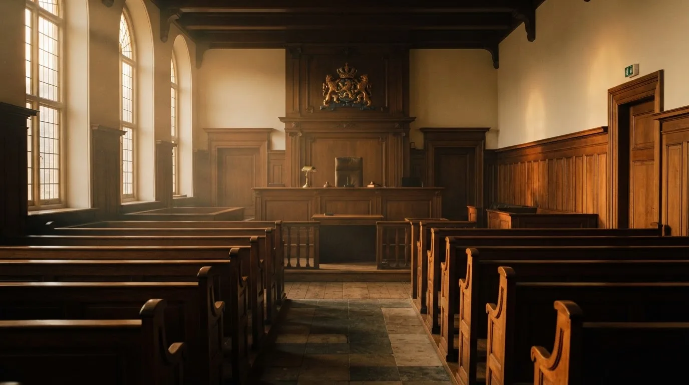 Een lege rechtszaal met houten banken in het ochtendlicht
