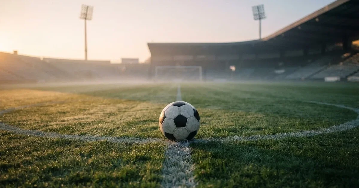 Een voetbal op de middenstip van een grasveld in het ochtendlicht