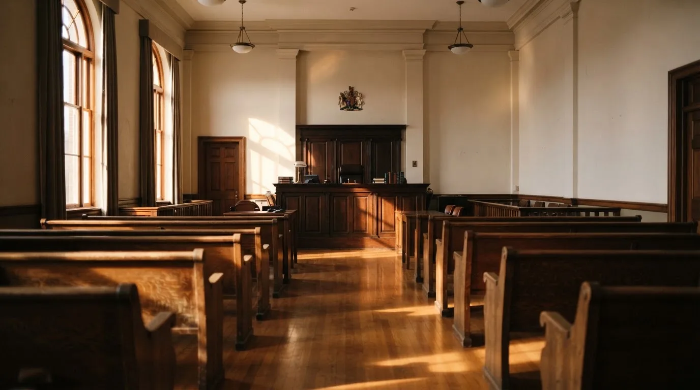 Een lege rechtszaal met houten banken in het ochtendlicht