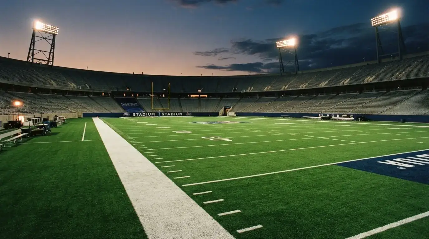 Een leeg voetbalstadion met lichtmasten bij schemering