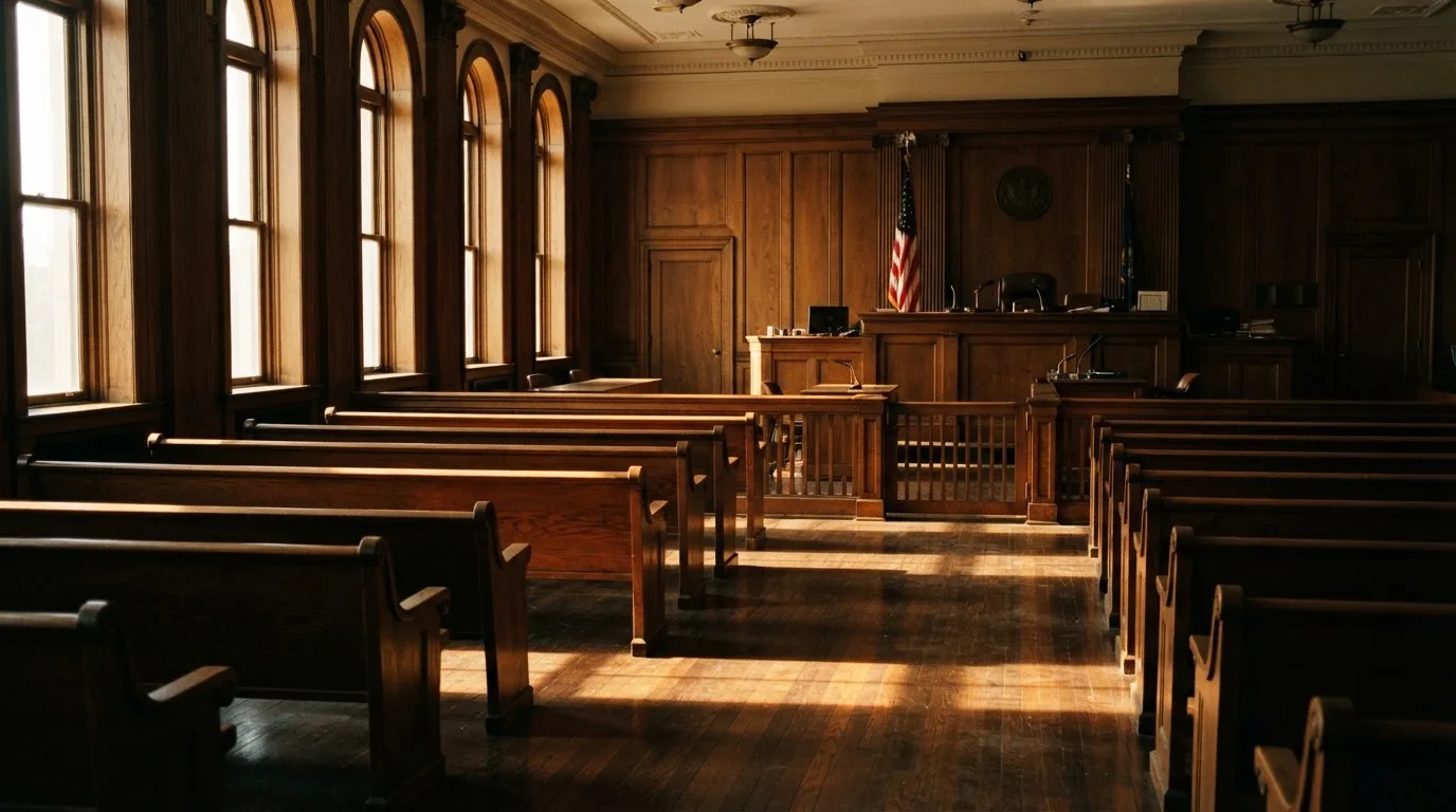 Een lege rechtszaal met houten banken in het ochtendlicht