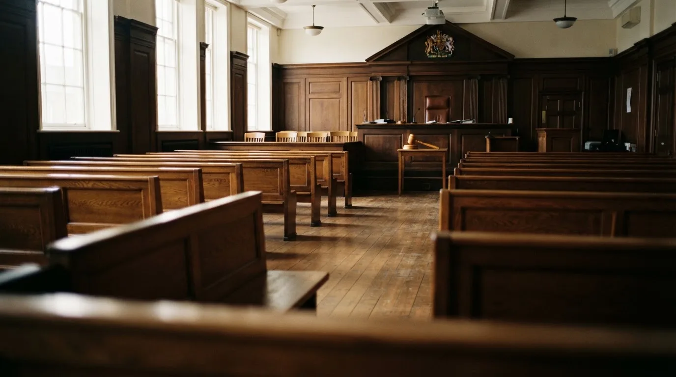 Een lege rechtszaal met houten banken in het ochtendlicht