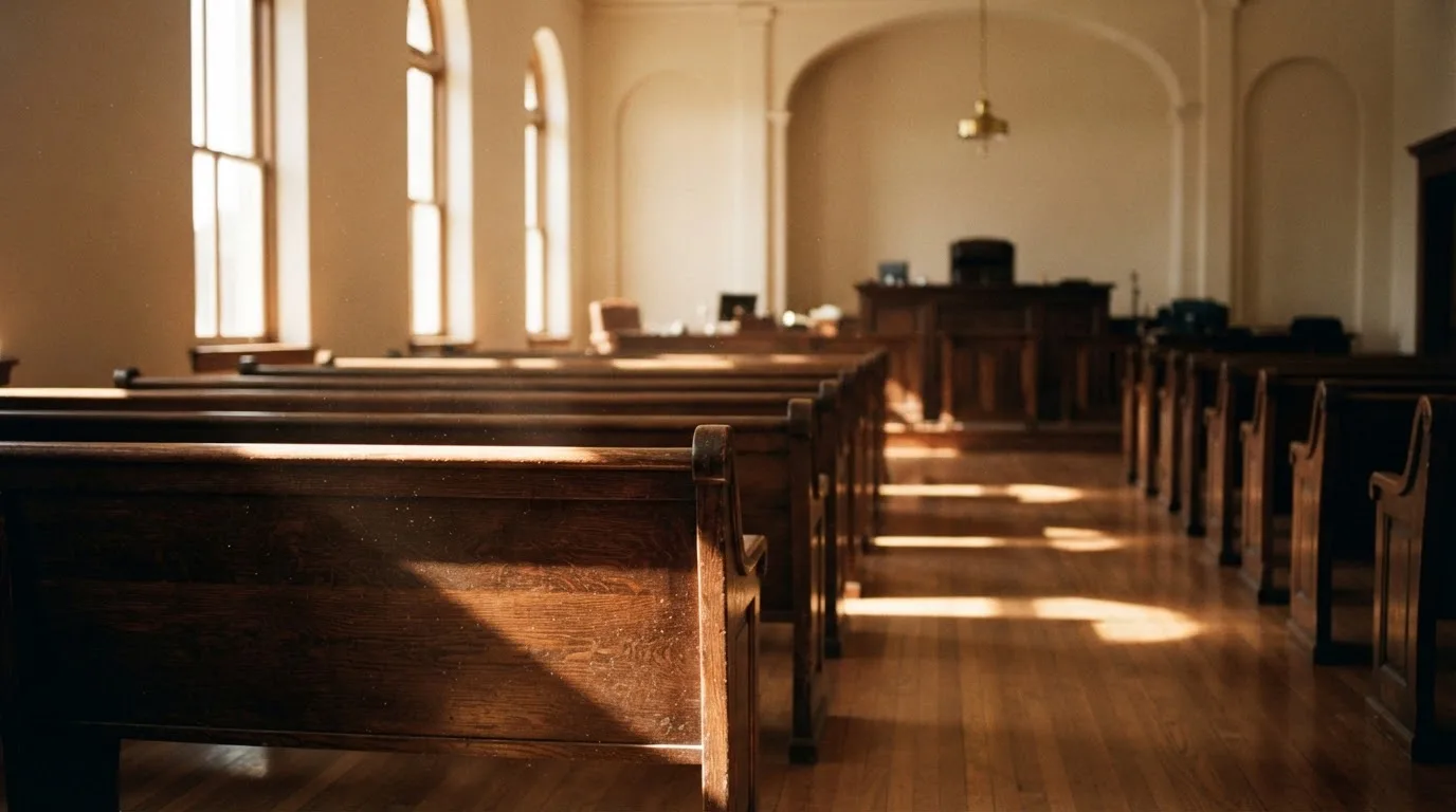 Een lege rechtszaal met houten banken in het ochtendlicht