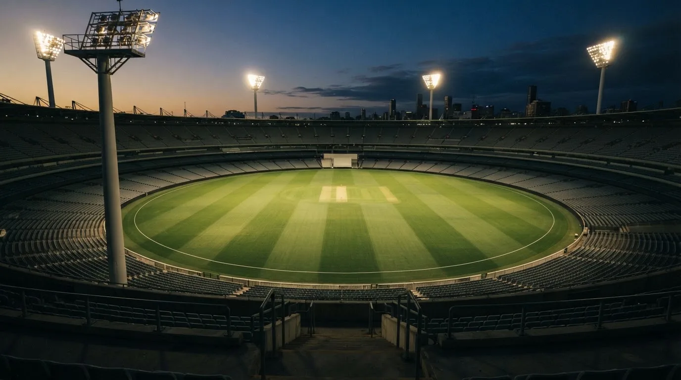 Een leeg voetbalstadion met lichtmasten bij schemering