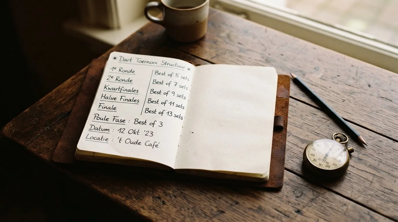 Een opengeslagen notitieboek met een potlood en een stopwatch op een houten tafel