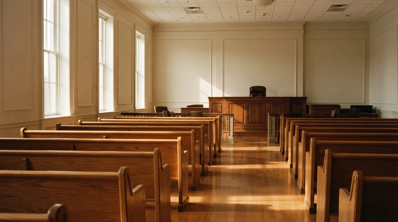 Een lege rechtszaal met houten banken in het ochtendlicht