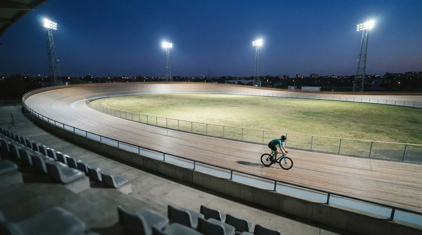 Een leeg voetbalstadion met lichtmasten bij schemering