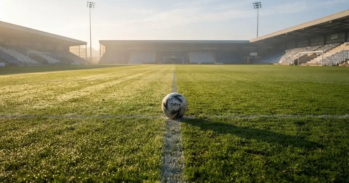 Een voetbal op de middenstip van een grasveld in het ochtendlicht