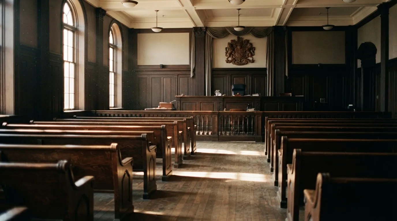 Een lege rechtszaal met houten banken in het ochtendlicht